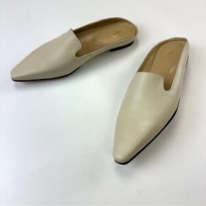 Bone leather flat heel mules Womens size 37 pointy toe slip on neutral shoes